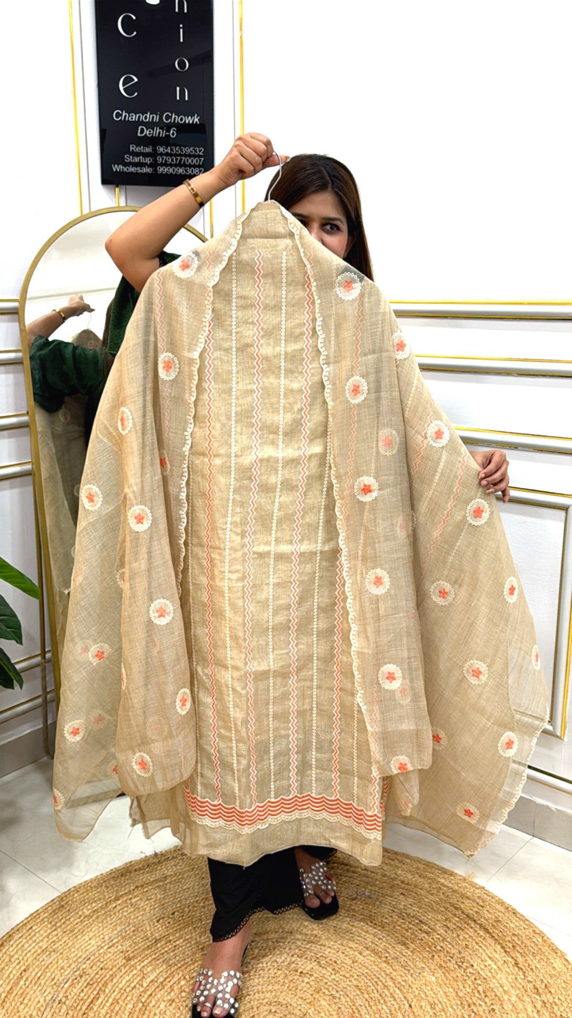 Elegant linen Jamdhani unstitched suits with intricate floral designs and traditional motifs